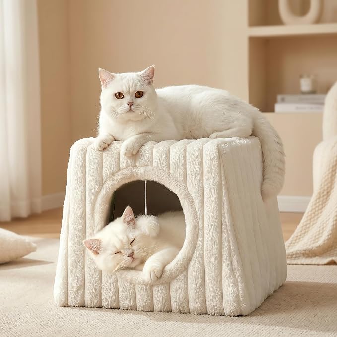 Indoor Cat House - Large Cat Cave Bed with Fluffy Balls, Foldable Cat Bed Cave and Apartment with Pads, Suitable for Multiple Small and Large Cats, 15.74x15.74x13.38 inches (Whiite, Large) by Unknown