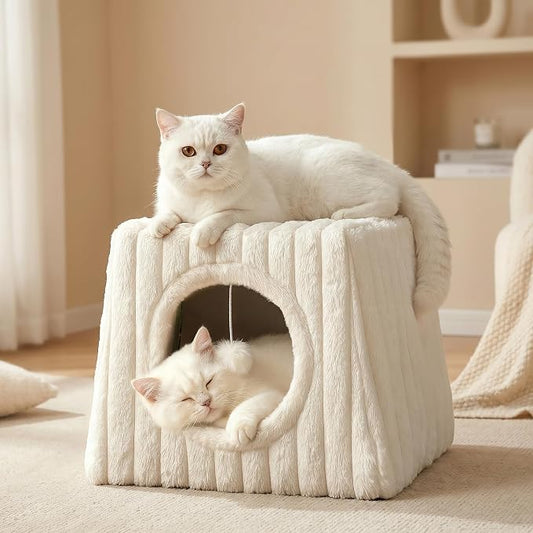 Indoor Cat House - Large Cat Cave Bed with Fluffy Balls, Foldable Cat Bed Cave and Apartment with Pads, Suitable for Multiple Small and Large Cats, 15.74x15.74x13.38 inches (Whiite, Large) by Unknown