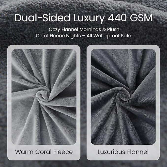 LOOBANI Waterproof Blanket for King Size Bed, Reversible Leakproof 85"x108" | Soft Flannel & Coral Fleece Bed Blanket, Water Resistant for Couch Sofa Cover, Movie Nights, Camping, Pet-Friendly, Grey - Image 2