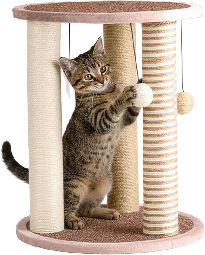 Cat Scratching Post - 3 Scratcher Posts with Carpeted Base Play Area and Perch - Furniture Scratching Deterrent for Indoor Cats by PETMAKER (Brown), Large by PETMAKER