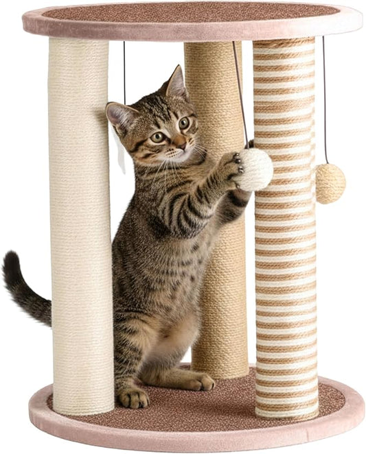 Cat Scratching Post - 3 Scratcher Posts with Carpeted Base Play Area and Perch - Furniture Scratching Deterrent for Indoor Cats by PETMAKER (Brown), Large by PETMAKER