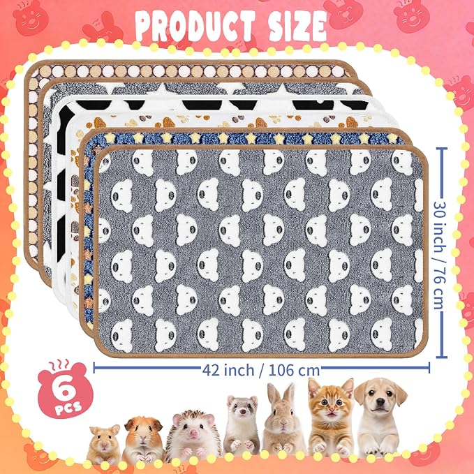 Eilyliafe 6 Pcs Guinea Pig Blankets Bedding Small Animal Cage Liners Sleep Mat Absorbent Reusable Pet Pee Bedding Pad Cover for Hamster Ferret Chinchilla Rabbit Hedgehog (30 x 42 Inch) - Image 2