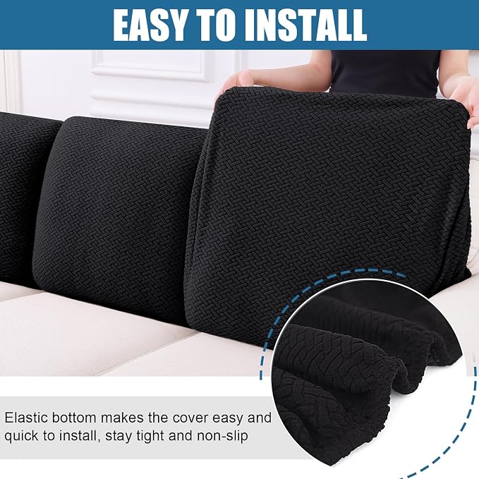Smiry Waterproof Couch Cushion Covers, Non Slip Seat Cushion Covers | Stretch Jacquard Chaise Lounge Sofa Slipcover, Washable Elastic Furniture Protector for Pets, Back Cover L, Black - Image 4