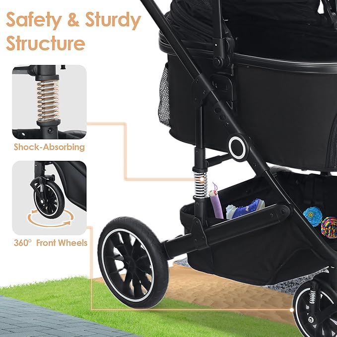 Pet Stroller with 4 Wheels, 3 IN 1 Folding Puppy Strollers for Small/Medium Dogs Cats up to 50lbs, Lightweight Pet Travel Carrier with Detachable Cushion, Storage Basket and Cup Holder, Black