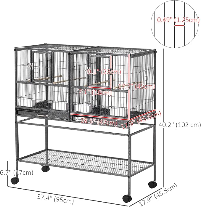 PawHut Divided Breeder Bird Cage with Rolling Stand Removable Metal Tray, Storage Shelf, Wood Perch, and Food Container | Storage Shelf, Wood Perch, Food Container - Image 7