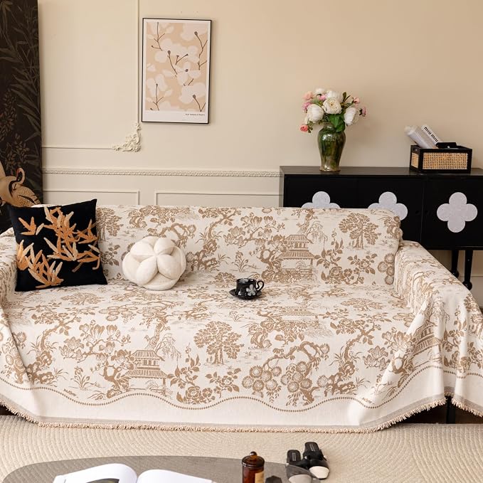 French Country Couch Cover for 3 Cushion Sofa, Chinoiserie Reversible Couch Cover Sectional L Shape, Farmhouse Beige Home Decor Chenille Non Slip Washable Large Couch Protector for Dogs 71"x118" by Besaomeom