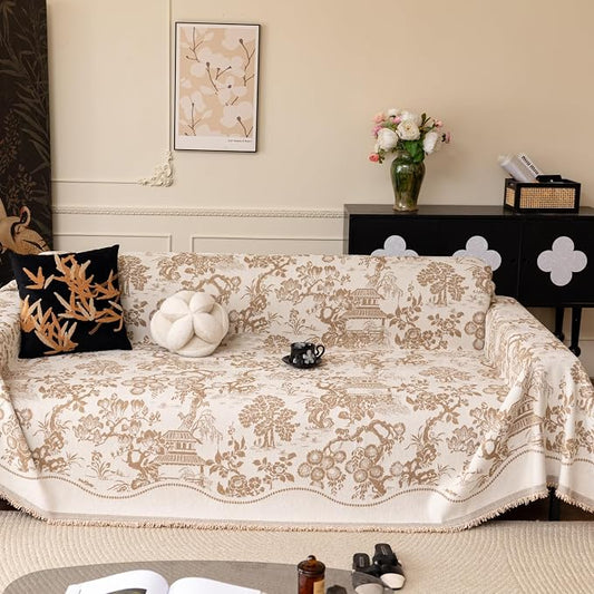 French Country Couch Cover for 3 Cushion Sofa, Chinoiserie Reversible Couch Cover Sectional L Shape, Farmhouse Beige Home Decor Chenille Non Slip Washable Large Couch Protector for Dogs 71"x118" by Besaomeom
