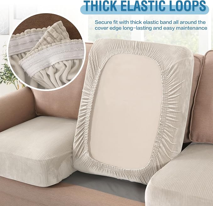 H.VERSAILTEX Velvet Stretch Couch Cushion Cover Plush Cushion Slipcover for Chair Cushion Furniture Protector Seat Cushion Sofa Cover (1 Piece Armchair Cushion Covers, Ivory Striped) - Image 6