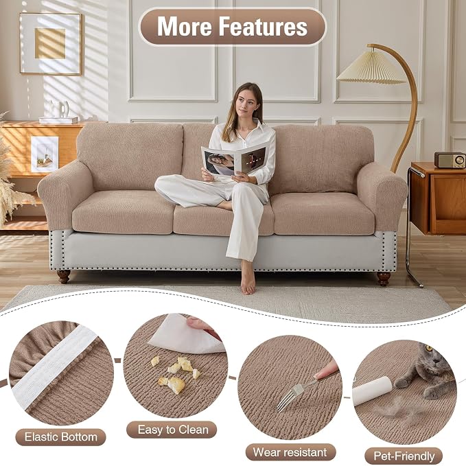 Couch Cushion Covers for Sectional Sofa Stretch Sofa Slipcovers Washable Wear-Resistant Sectional Couch Covers L Shaped Seats Furniture Protectors for Pets(Khaki, 3 Seater+1 Chaise) - Image 3