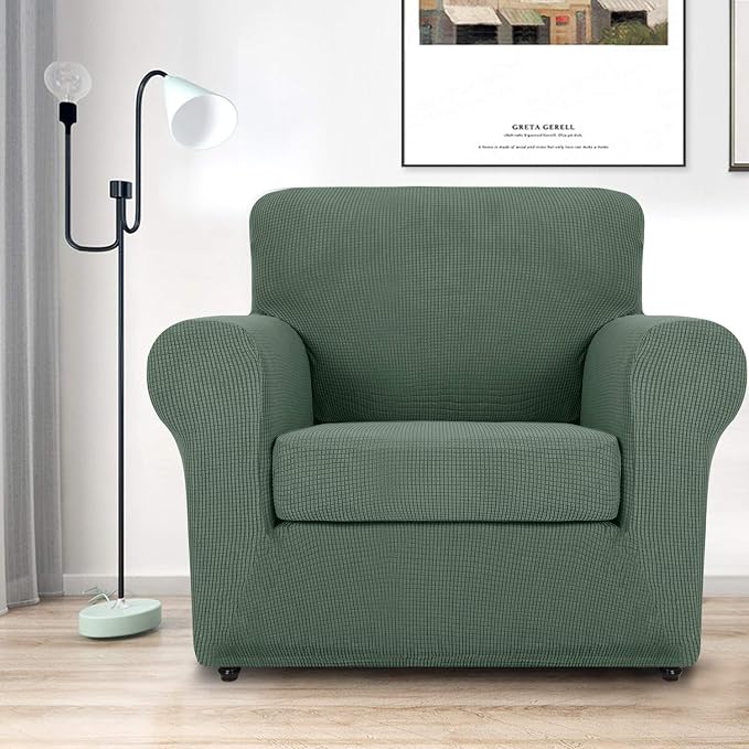 MAXIJIN 2 Piece Chair Slipcovers with Arms Super Stretch Chair Covers for Living Room Dogs Pet Proof Fitted Sofa Couch Protector Spandex Non Slip Armchair Slipcover Washable (Chair, Pea Green) - Image 2