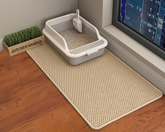 HCY&WLD Cat Litter Mat, 45x26 Inch Extra Large&Long Double Layer Cat Litter Box Mat, EVA Non-Slip, Waterproof Urine Proof Cat Litter Catcher Mat, Easy Clean Scatter Control (45x26 Inch, Khaki) by HCY%26WLD
