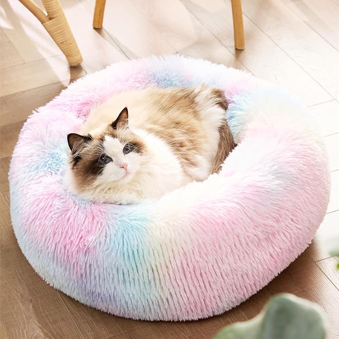 Bedsure Calming Cat Beds Donut Round Washable Kitten Bed,20 inches | Fluffy Faux Fur Cuddler,Anti-Slip Bottom,Anti-Anxiety,Deep Sleeping for Cats&Small Pets Up to 15 Lbs,Multi Color - Image 4