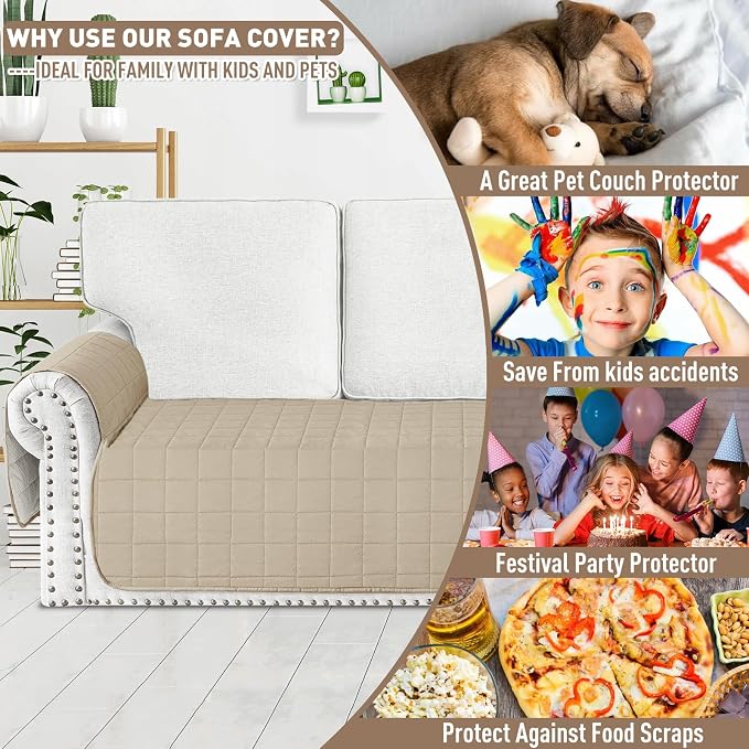 MAXIJIN Waterproof Loveseat Covers for Dogs Washable, Quilted Love Seat Couch Covers 2 Cushion Couch with Side Pockets, Non-Slip Furniture Protector for Pets Kids (Loveseat, Khaki) - Image 3