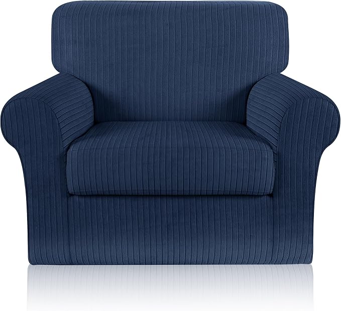 Armchair Cover Stretching Skid Resistance Couch Cover for Pets Washable, Thick and Durable Soft High Spandex Striped Pattern Sofa Covers, Form Fitted Chair Slipcover(Armchair, Navy) by ChengEase