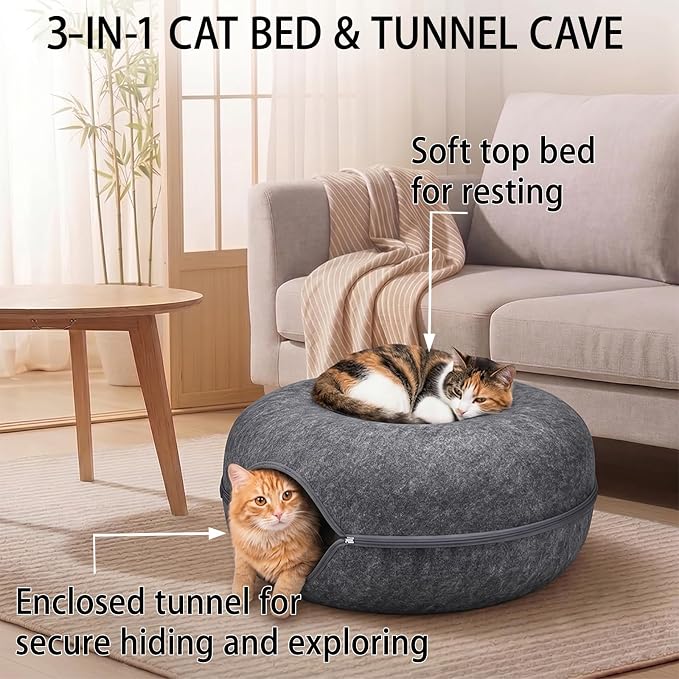 Cat Tunnel Bed for Heavy Big Cats up to 45 lbs - 24" Donut Cat Bed for Multi-Cat Home - Premium Detachable Zipper Felt Anti-Scratch Cat Cave Bed - Roomy Non-Collapsing Cat Hideaway & Peekaboo Toy - Image 5