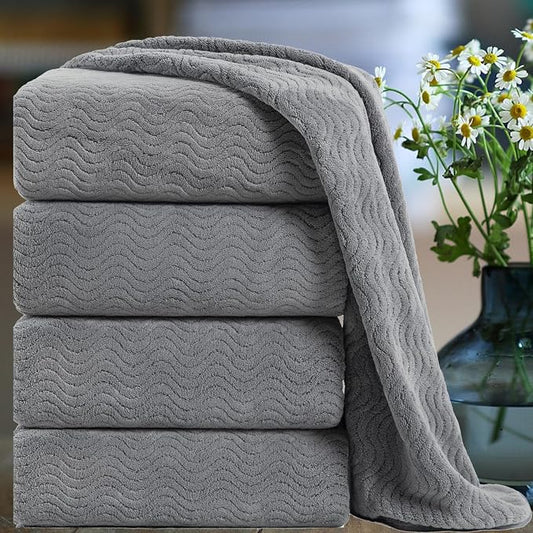 Smuge Ultra Soft Bath Towel Set of 4, Grey Extra Large Textured Microfiber Luxury Towels 35x70 in, Quick Dry, Highly Absorbent, Fluffy, Oversized, for Bathroom Shower Pool Hotel Beach by Smuge