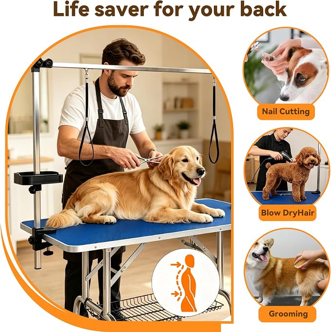 36" Foldable Dog Grooming Table with Adjustable H-Frame Arm & 2 Nooses, Heavy-Duty Stainless Steel Frame, Non-Slip Top, Tool Caddy and Mesh Tray, Blue - Image 8