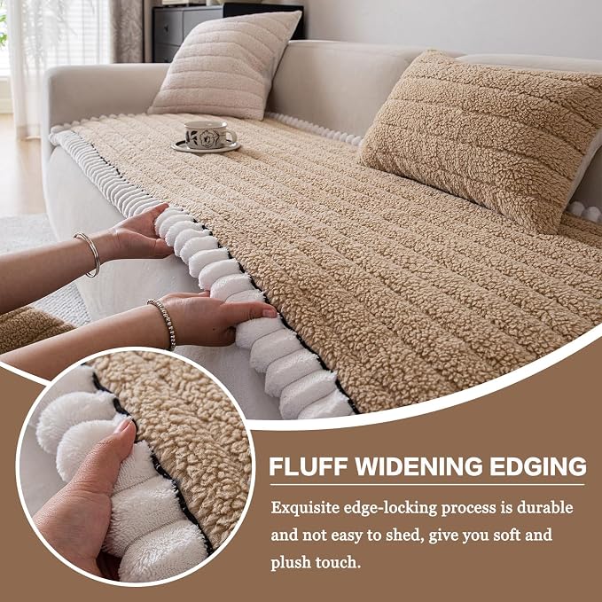 DREAMINGO Non Slip Couch Cover for Dogs Fuzzy Pet Sofa Covers Washable Thick Plush Sofa Slipcover Striped Texture Khaki Cushion Protector Dog Cat Bed Mat 27.6x59.1 Inch - Image 3