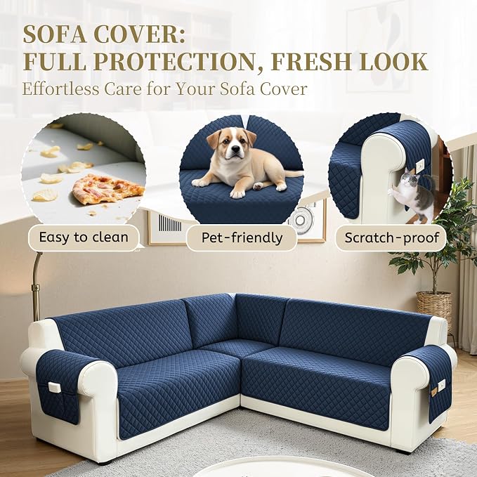 Sectional Couch Covers for Dogs 100% Waterproof Corner L Shaped Sofa Cover Pet Friendly Velvet Washable Anti Slip L Shape Modular Sofa Slipcover Protector with Pockets (Navy Blue, XX-Large) - Image 4