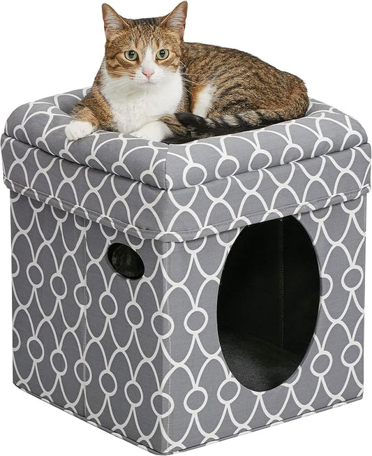 MidWest Homes for Pets Feline Nuvo Curious Cat Cube, Foldable Cat Hideout with Toy, Bolstered Bed Top, Gray Geo Print, Faux Fur by MidWestHomesForPets