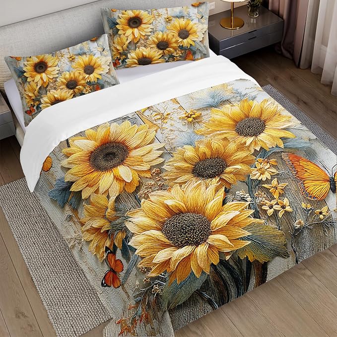 AILONEN Sunflower Floral Duvet Cover Set,Yellow Flower Butterfly Bedding Sets King Size,Farmhouse Wood Country Wooden Comforter Cover with 2 Pillowcase,Soft Microfiber,3Pcs - Image 2
