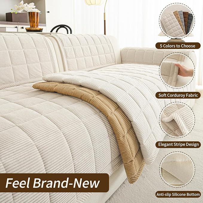 Velvet Couch Covers for Sectional Sofa Washable, Non-Slip L Shaped Sectional Couch Cover, Soft Pet Couch Covers for Sofa, Furniture Slipcovers for 3 Cushion Couch(1PC,35"x83",Beige White) - Image 2