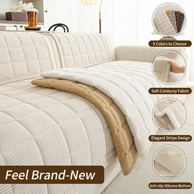 Velvet Couch Covers for Sectional Sofa Washable, Non-Slip L Shaped Sectional Couch Cover, Soft Pet Couch Covers for Sofa, Furniture Slipcovers for 3 Cushion Couch(1PC,35"x94",Beige White) - Image 4