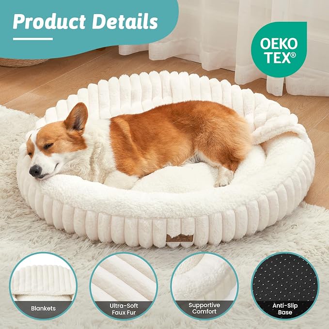 Small Dog Bed with Hooded Blanket, Round Fluffy Anti-Anxiety Pet Bed for Small Dogs & Medium Dogs, Cozy Donut Cuddler with Machine Washable Faux Fur & Anti-Slip Bottom(26"×26"×7",Cream) - Image 4
