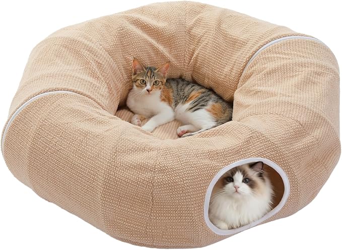 PEQULTI Cat Donut Tunnel with Bed for Indoor Cats, Cat Play Tunnel with Washable Soft Plush Mat, Round Tube Toys Cute Tube for Kittens, Puppies, Rabbits and Ferrets, Beige by PEQULTI