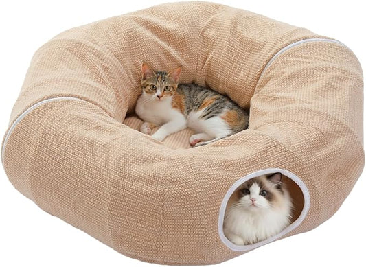 PEQULTI Cat Donut Tunnel with Bed for Indoor Cats, Cat Play Tunnel with Washable Soft Plush Mat, Round Tube Toys Cute Tube for Kittens, Puppies, Rabbits and Ferrets, Beige by PEQULTI