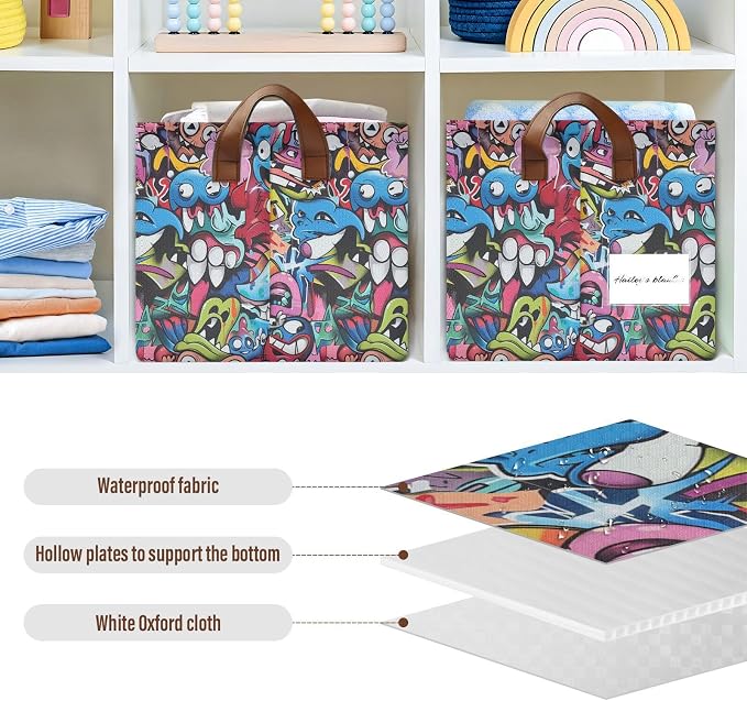 Abstract Grunge Graffiti Monster Baby Storage Basket with Labels&Handles Rectangular Waterproof Nursery Storage Bins Collapsible Shelf Organizer Baskets for Kids Books Cloth Gift Toys Laundry, 2 Pack - Image 5