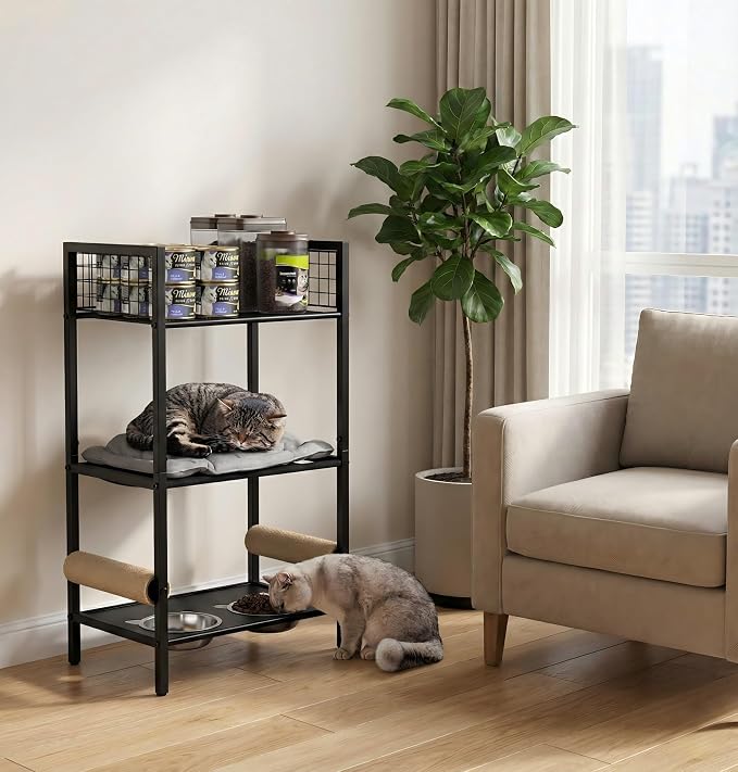 Cat Feeding Station Furniture with Scratching Post, 3-Tier Cat Food Organizer & Storage, Raised Feeding Stand with 2 Stainless Steel Bowls, Space-Saving Cat Shelf for Small Spaces, Black - Image 2