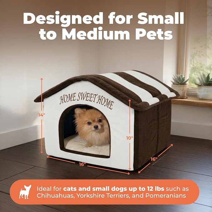 Best Pet Supplies Cat Bed for Indoor Cat, Domed Tent House with Removable Pillow, Covered Cat Cave for Small Dog, Puppies and All Breeds of Cats - Beige w/ Brown Stripes, 16 x 16 x H:14" - Image 5