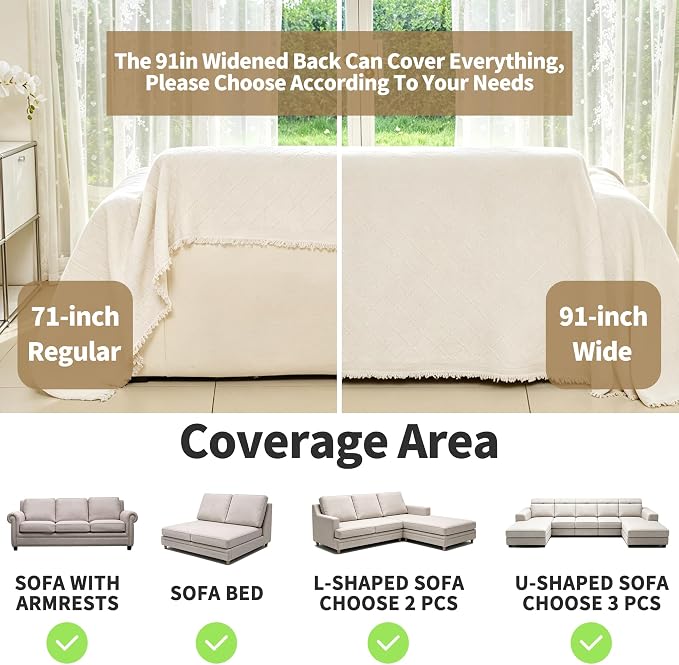 VANJOROY Beige Couch Sofa Cover for 3 Cushion Sectional Sofa L-Shape -Washable Chenille Couch Cover for Dogs Pets, Couch Cover Protector Soft Sofa Slipcovers with Tassel,71"x 134" - Image 3
