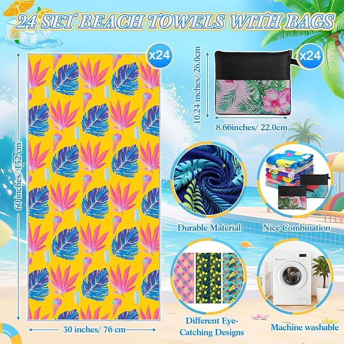 Peryiter 48 Pcs Microfiber Beach Towel with Bags Bulk, 24 Large Quick Dry Pool Towels and 24 Storage Bags, 30 x 60 Inch Hawaiian Blanket for Beach Swimming Summer Party Camping Travel Women - Image 2