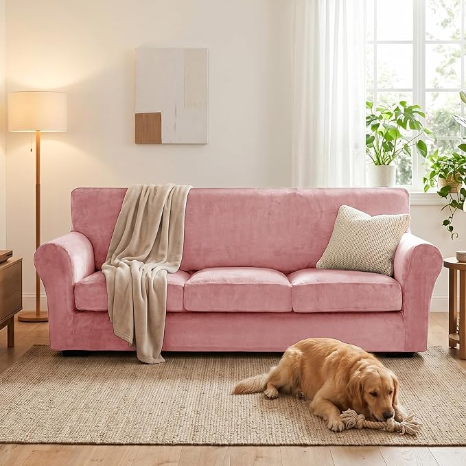 XINEAGE 4-Piece Velvet Sofa Cover,Couch Covers for Dog,Pink | 3 Cushion Sofa,Stretch Non-slip Elastic, Pet-friendly, Washable, Fast Setup, Soft Plush Fabric, Furniture Protector. - Image 4