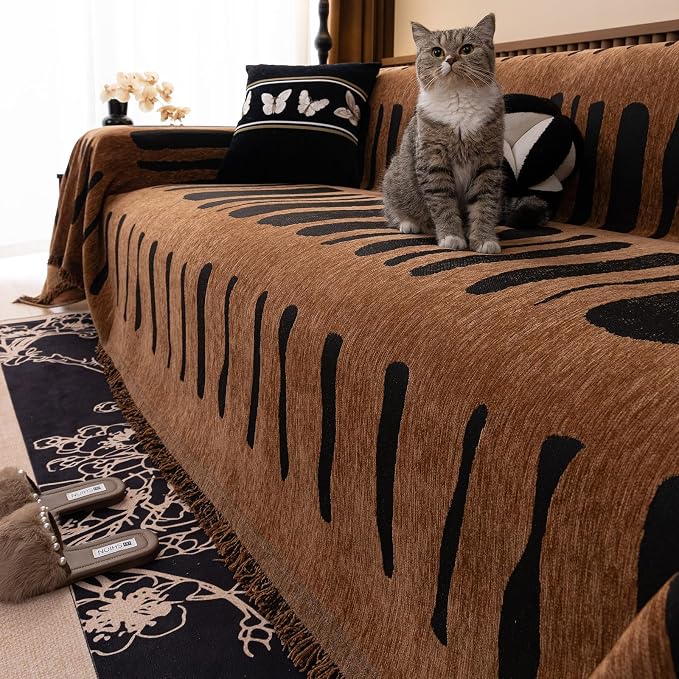 ROOMLIFE Dark Brown Couch Cover 3 Cushion Sofa, Washable Non Slip Furniture Sofa Protector Cover, Soft Chenille Sofa Slipcovers Sectional L Shape Dogs Couch Cover Throw Blanket with Tassels71''X150'' - Image 2