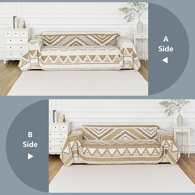 MYSKY HOME Sectional Couch Cover Khaki Boho Geometric Sofa Covers for Sectional Sofa L Shape Chenille Couch Protector for Dogs Pets Couch Throw Cover Washable Durable for Home Decor, 71" X118" - Image 3