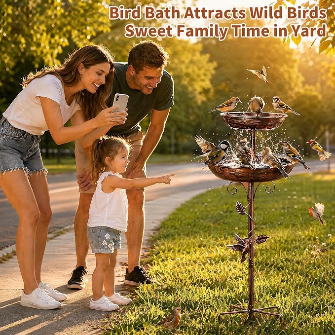 2-in-1 Tall Bird Bath and Feeder for Outdoors, 47" Adjustable Metal Standing Birdfeeder with 5-Prong Base, Antique Copper Finish Rustproof Water Bowl & Seed Tray Station for Garden Yard Patio Decor - Image 2