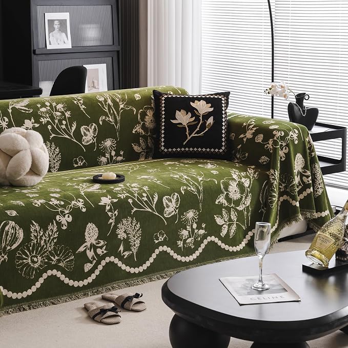 DREAMINGO Green Floral Couch Cover Farmhouse Botanical Jacquard Sofa Covers for 3 Cushion Couch Cozy Chenille Living Room Furniture Futon Sectional Sofa Slipcovers Washable, X-Large 71"x134" - Image 2