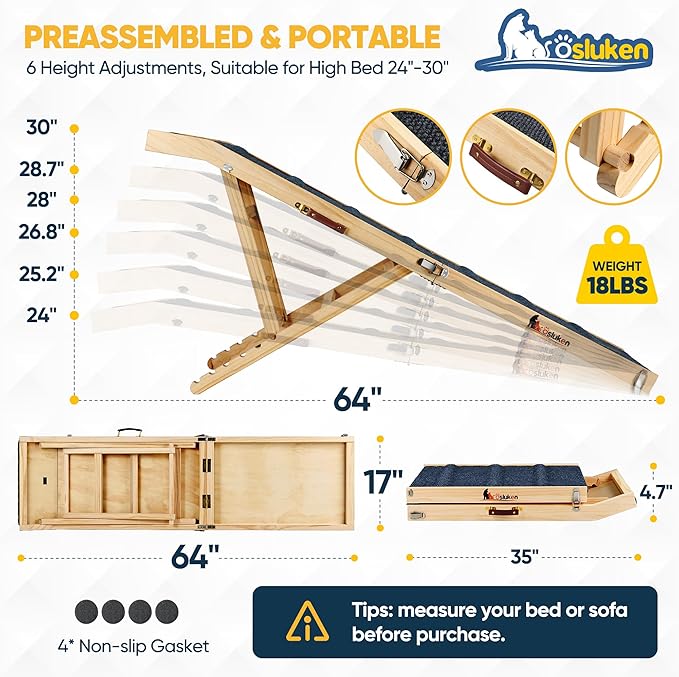 𝟐𝟎𝟐𝟔 𝐔𝐩𝐠𝐫𝐚𝐝𝐞𝐝 Dog Ramp for Bed, 64" Long Foldable Pet Ramp for Small Large Dogs, Dog Ramps for High Beds Car, High Traction with Platform 6 Adjustable Heights 24" to 30" Up to 220LBS, Wood