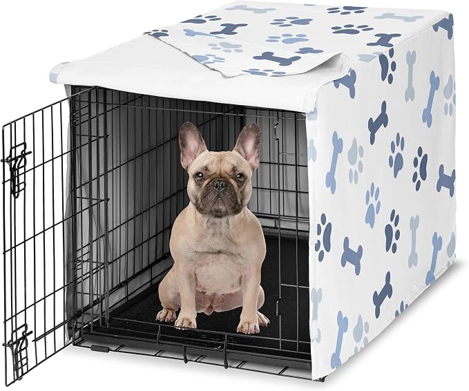 Sweet Jojo Designs 30in. Small/Medium Dog Crate Cover (Bones and Paw Prints) for Boys Pet Cage, Kennel Covers (Modern, Cartoon, Doggy, Puppy, Neutral, Paws Print, Whimsical, Playful, Slate Navy Blue) by SweetJojoDesigns