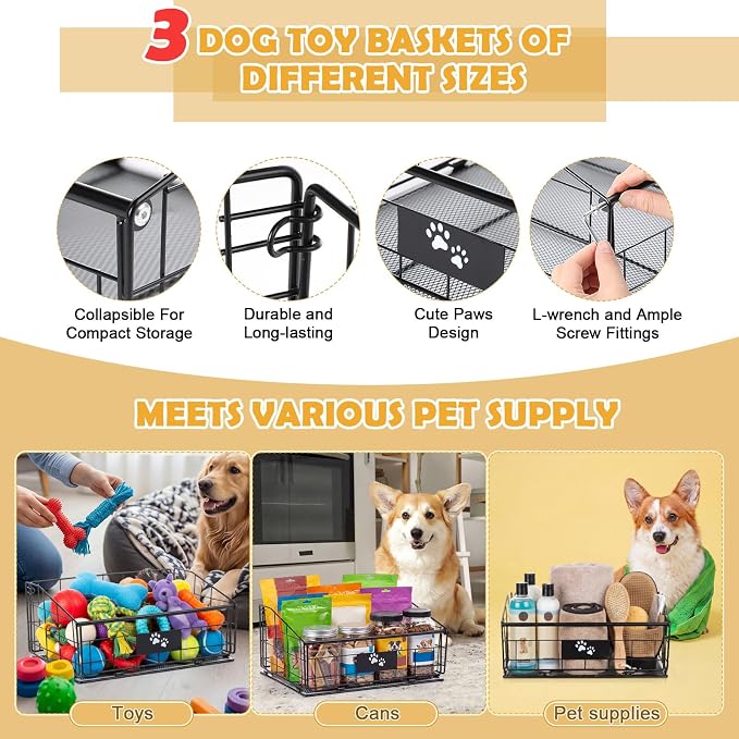 Mimorou 3 Pack Metal Dog Toy Baskets Multi-sized Foldable Dog Toy Bins Box Storage Container Organizer for Living Room Area Decorative Pet Accessories Coat Clothing Storage Holder Baskets(Black) - Image 3