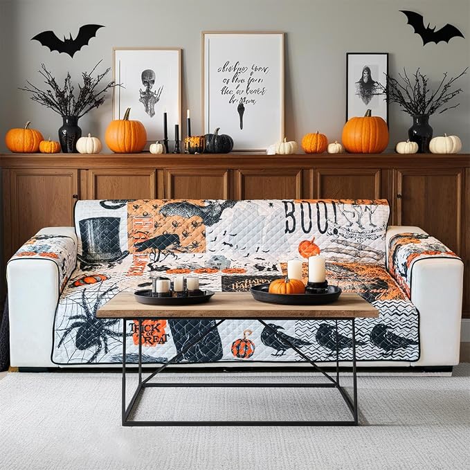 Cmfshape Halloween Sofa Slipcover-Black&Orange with Pumpkin,Spider,Pet Friendly Couch Covers for 3 Cushion Sofa,Washable Sofa Protector for Holiday,Anti-Slip with Elastic Band by cmfshape-quiltset