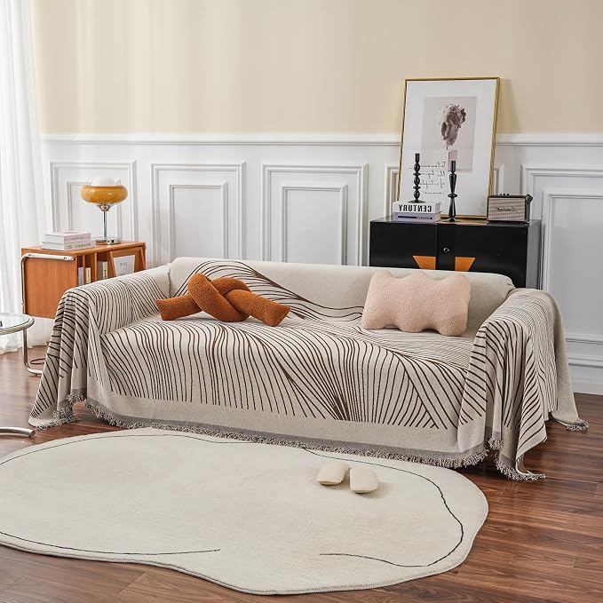 VClife XL Sofa Cover Chenille Couch Cover for 3 Cushion Couch Sofa, Modern Beige Chocolate Striped Couch Covers for Kids Washable Sectional Sofa Protector with Tassel 71"X134" - Image 6