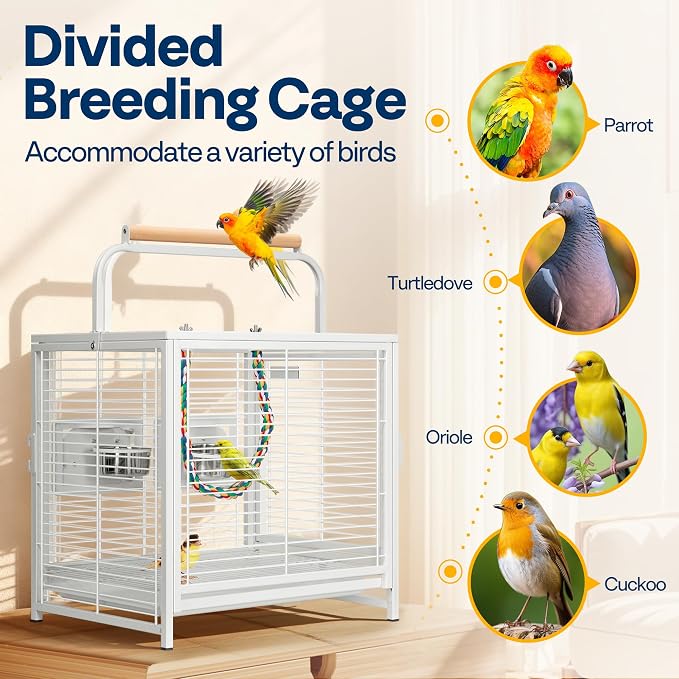 VIVOHOME 19 Inch Wrought Iron Travel Bird Cage for Cockatiel Parakeets | Bird Travel Carrier Cage with Wooden Handle/Perch, Slide-out Tray for Small Parrots Conures Lovebirds Canaries Finches, White - Image 6