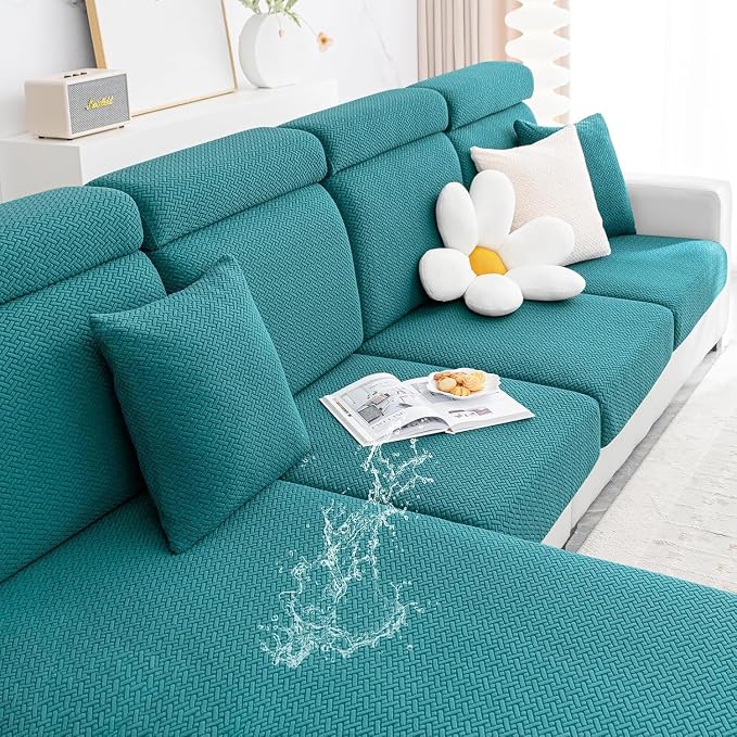 Smiry Waterproof Couch Cushion Covers, Non Slip Seat Cushion Covers | Stretch Jacquard Sectional Sofa Slipcover, Washable Elastic Furniture Protector for Pets, Kid, 3 Pieces, Peacock Green by Smiry