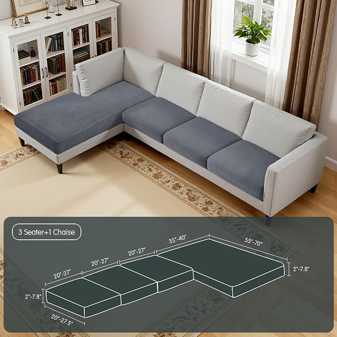 Hokway Chaise Cover and Couch Cushion Covers Set, Separate Sectional Sofa Cushion Slipcovers, Reversible Cushion Protector for L-Shaped Sofa(3 Pieces for Seater & 1 Piece for Chaise, Grey) - Image 2