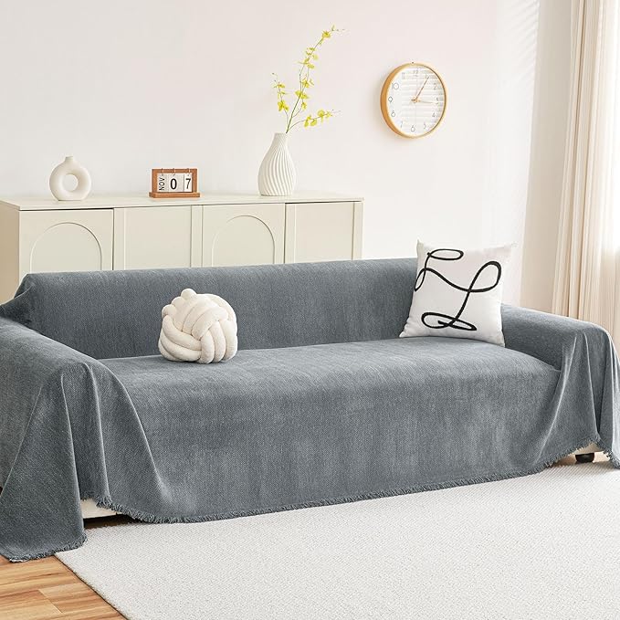 hyha Couch Cover for Dogs, Boho Chenille Sofa Cover for 3 Cushion Couch | Anti-Scratch Washable Sofa Slipcover, Loveseat Sectional Couch Throw Blankets with Tassels (Grey, 88.5x150 Inch) by hyha