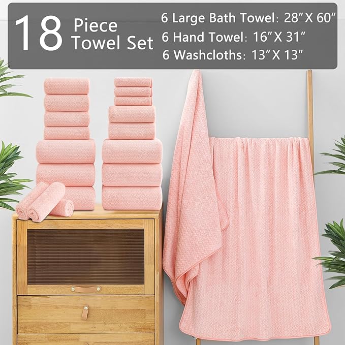 Ycosy 18 Piece Bath Towels Set,100% Microfiber Family Bathroom Towel with Hanging Loops-6 Bath Towels,6 Hand Towels,6 Washcloths,Quick Dry Highly Absorbent Shower Towel for Bathroom,Hotel,Spa-Pink - Image 2